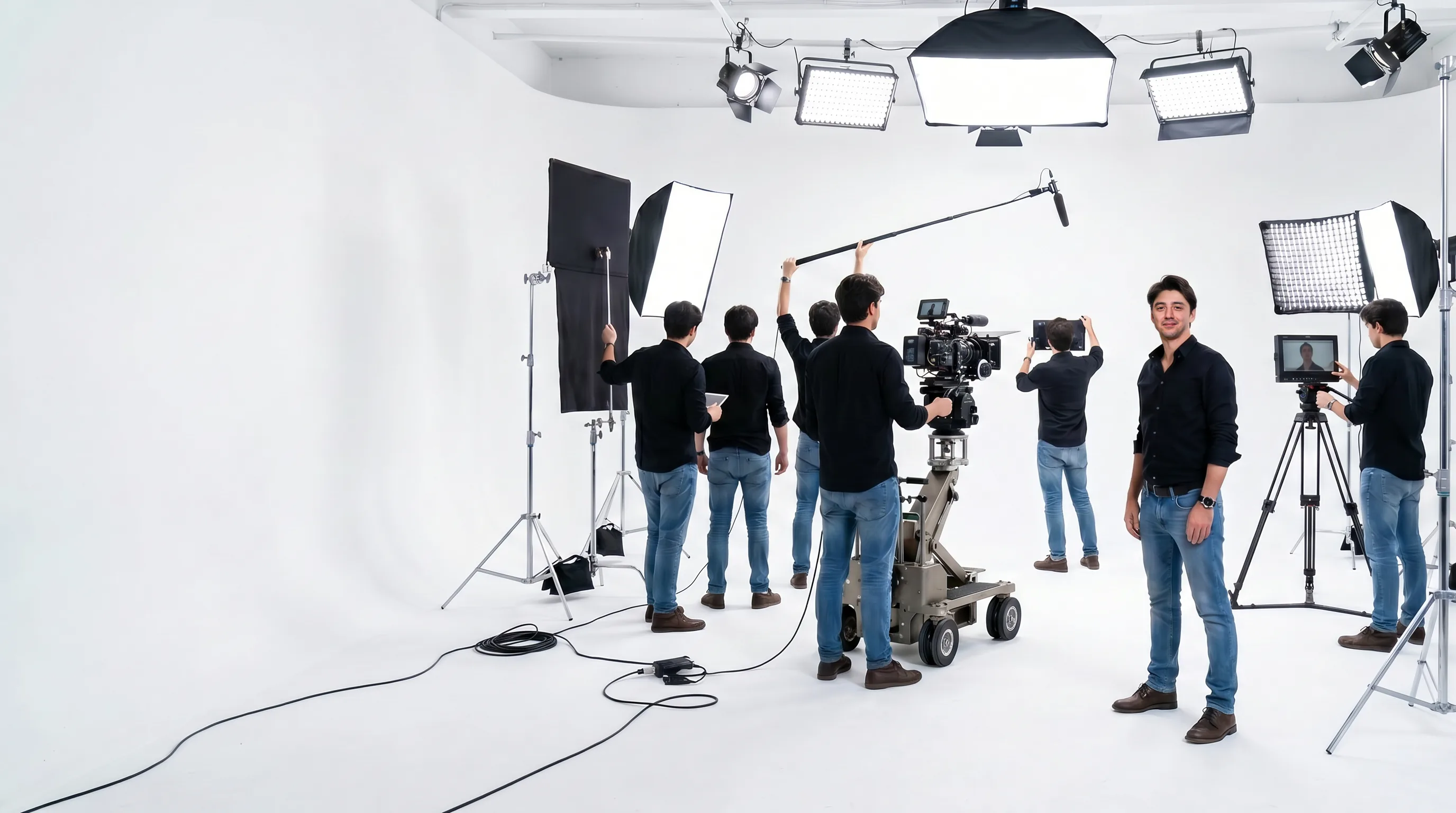 Skander running every role on his own film set: grip, gaffer, boom operator, camera, monitor and director, all at once