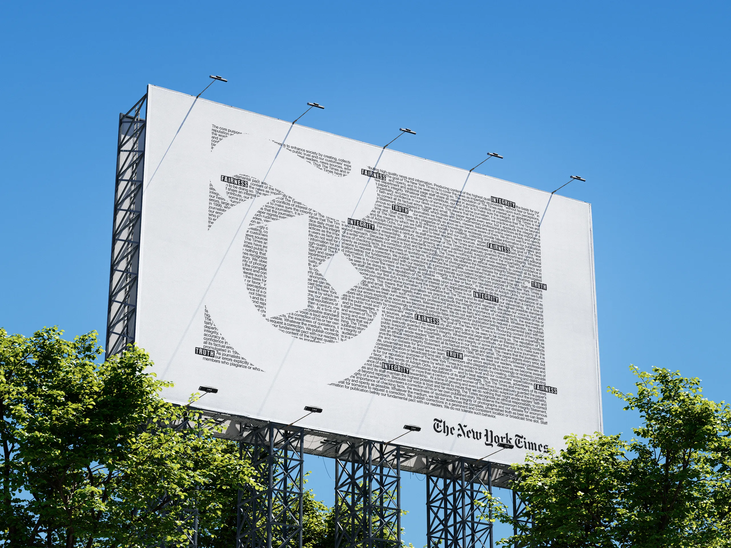 Billboard of The New York Times T, built entirely from newspaper text, with the masthead