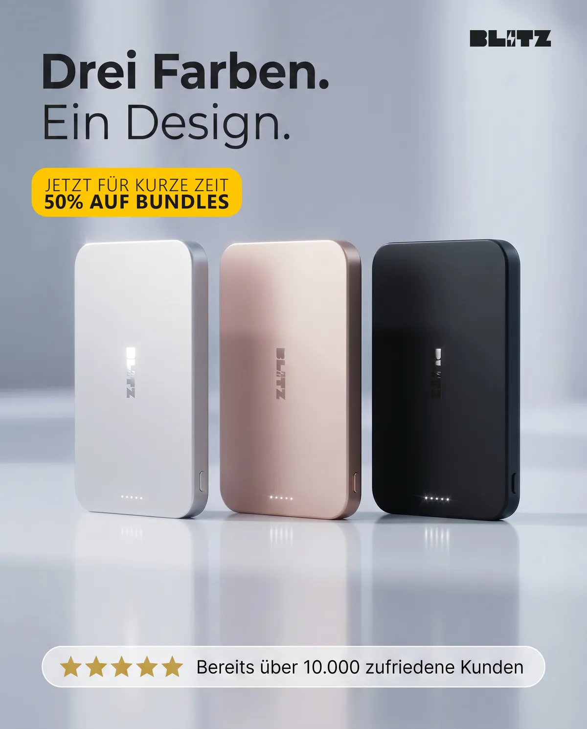 German-language Meta ad: the power bank in white, rose gold and black, side by side, 50% off bundles