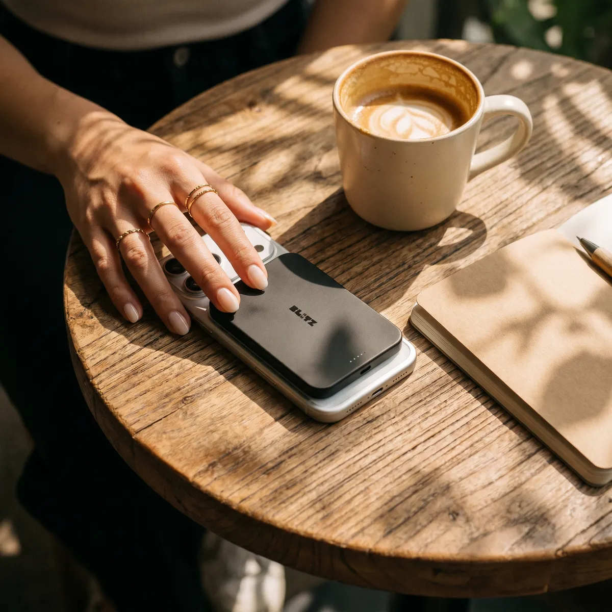 Hand on a phone with the black Blitz Charge power bank, on a round wooden café table with a cappuccino