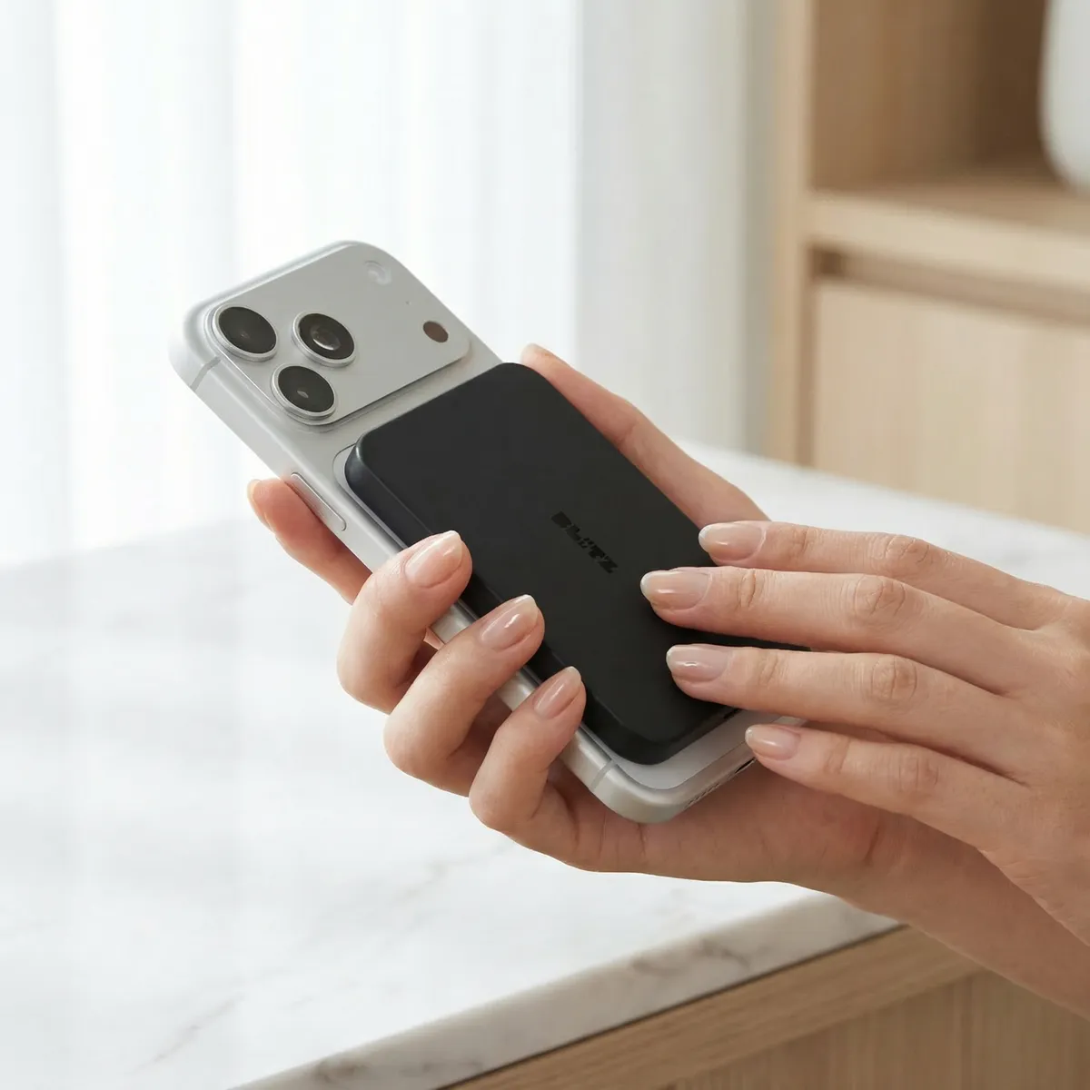 Hands holding a phone with the black power bank against white marble