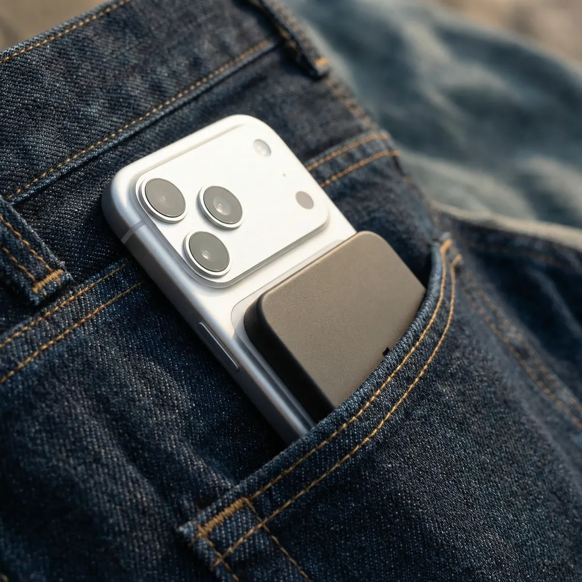 Phone with the black power bank tucked into a jeans pocket