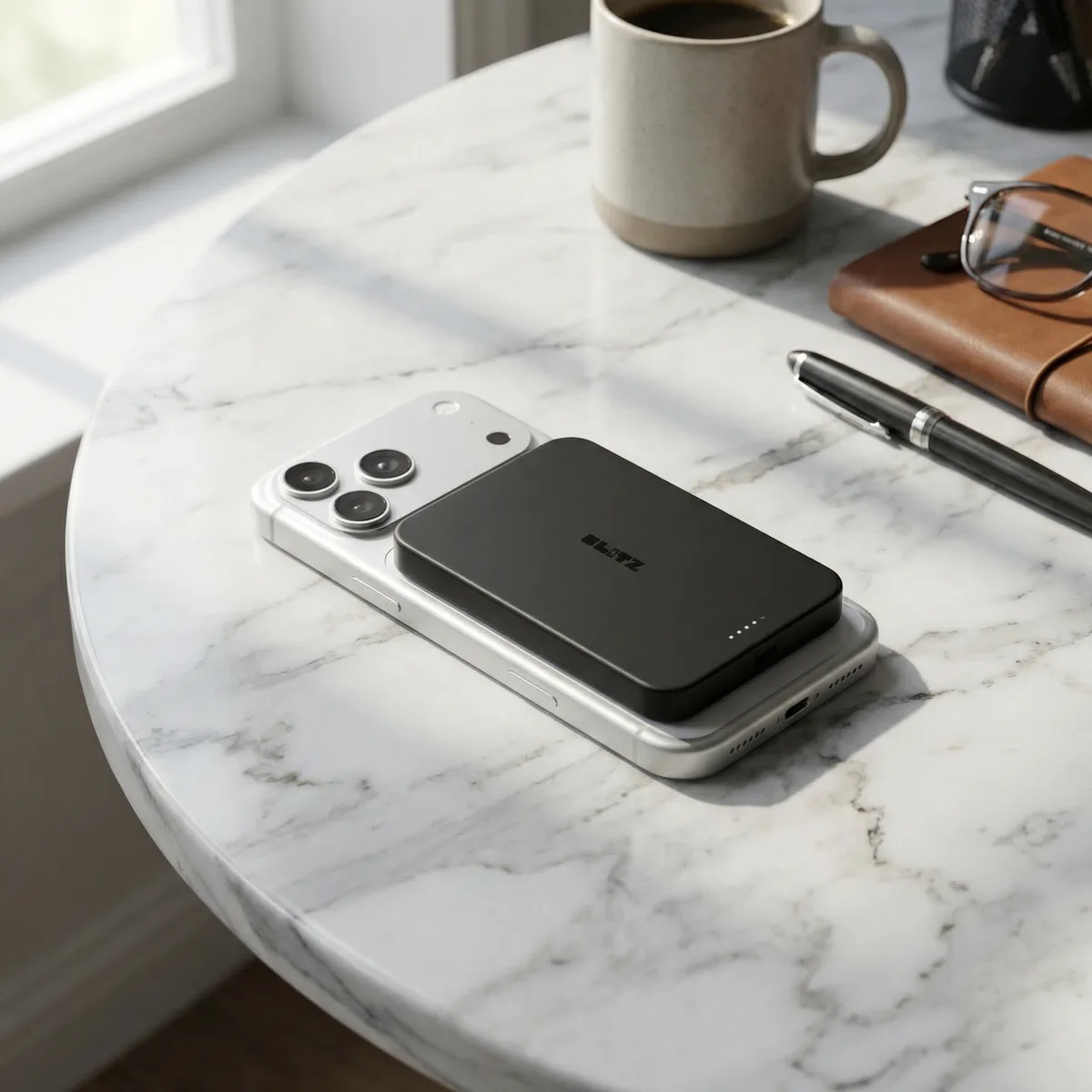 Black power bank on a phone on a marble table with a coffee mug, pen and notebook