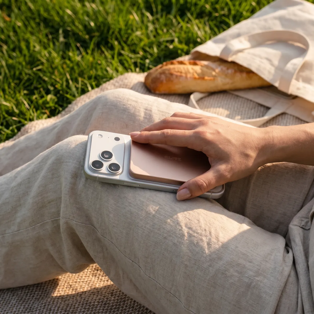 Hand resting a phone with the rose gold Blitz Charge power bank on a linen-trousered knee, a baguette in a tote behind