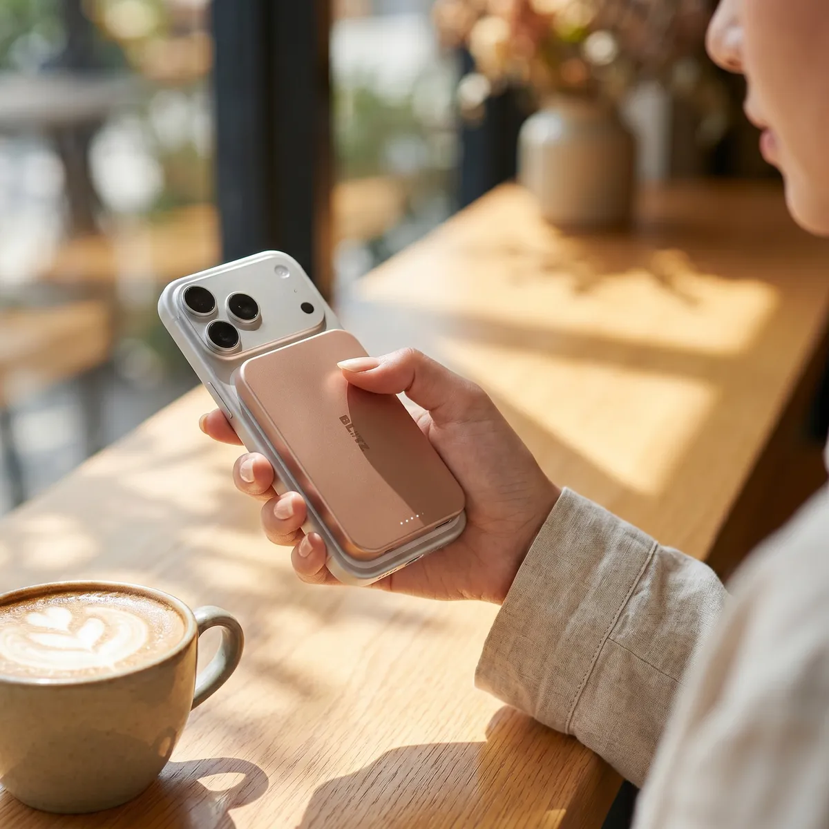 Hand holding a phone with the rose gold power bank attached, over a café table with a latte