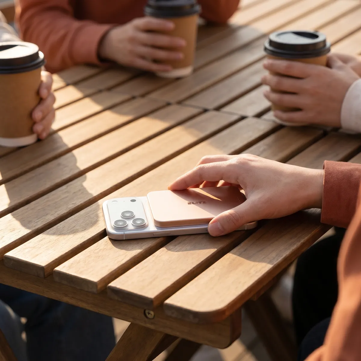 Rose gold power bank on a phone on a wooden café table between two coffee cups