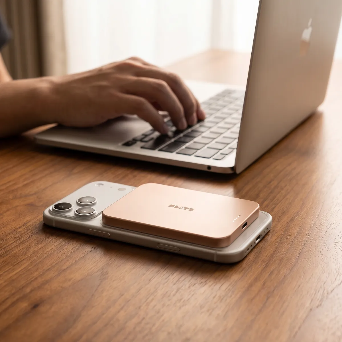 Rose gold power bank on a phone beside a laptop on a wooden desk