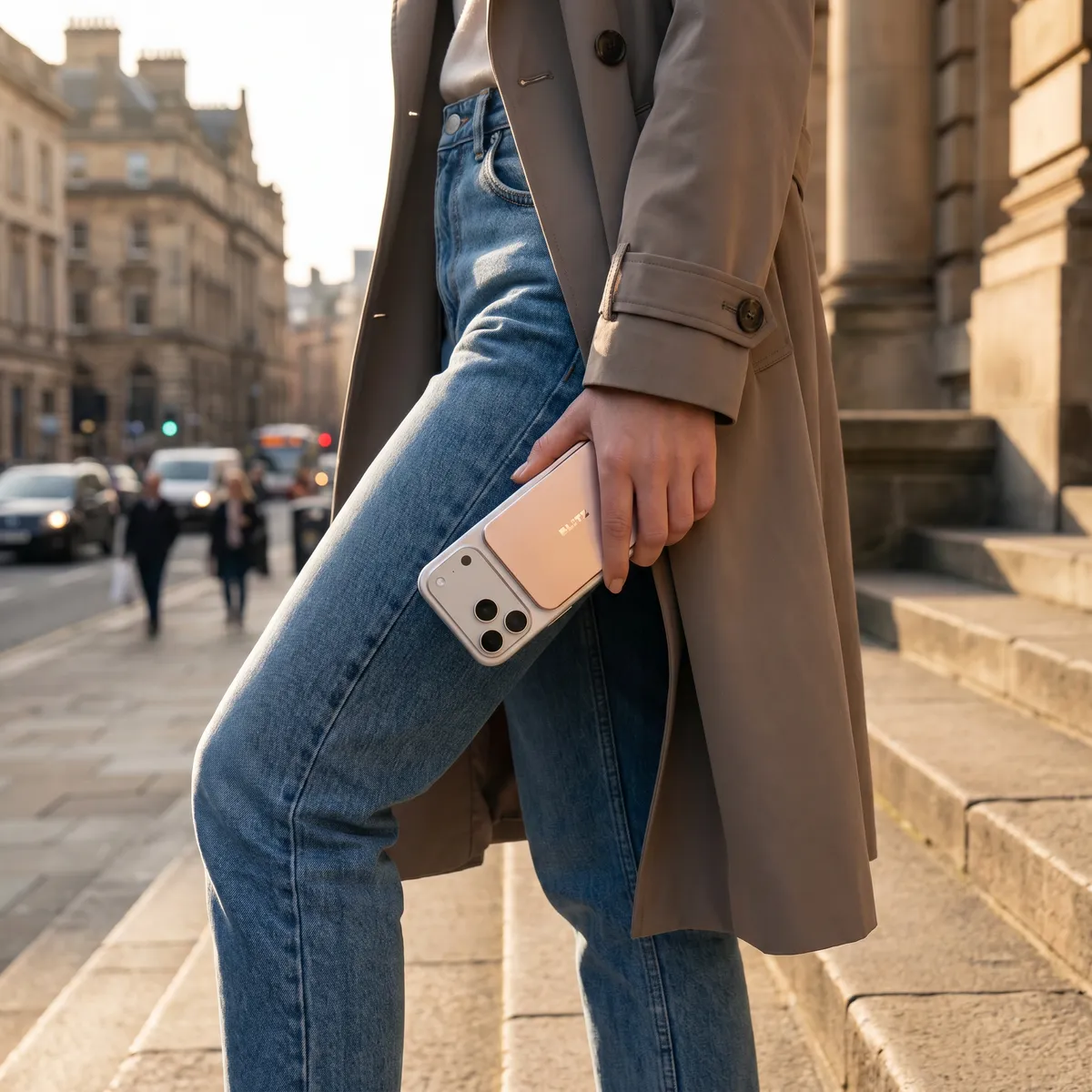 Woman in a trench coat holding a phone with the rose gold power bank on city steps