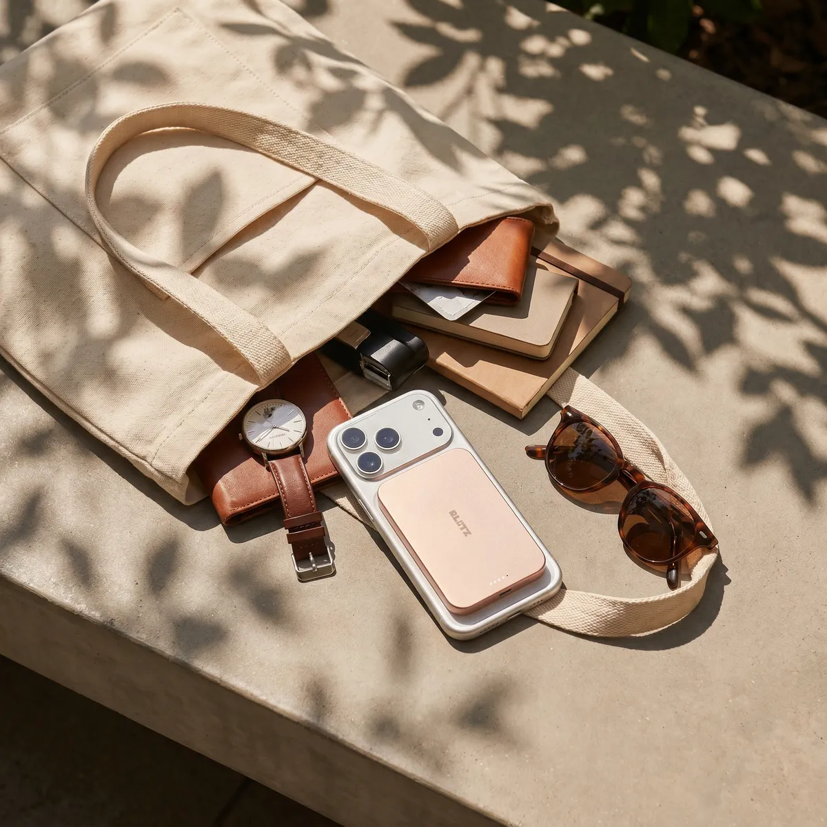 Rose gold power bank on a phone in an open canvas tote with a watch, wallet and sunglasses, in dappled light