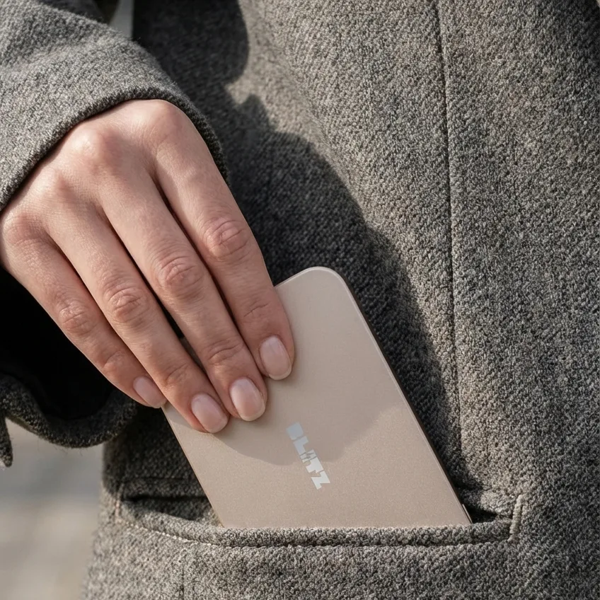 Hand slipping the rose gold power bank into a grey wool coat pocket