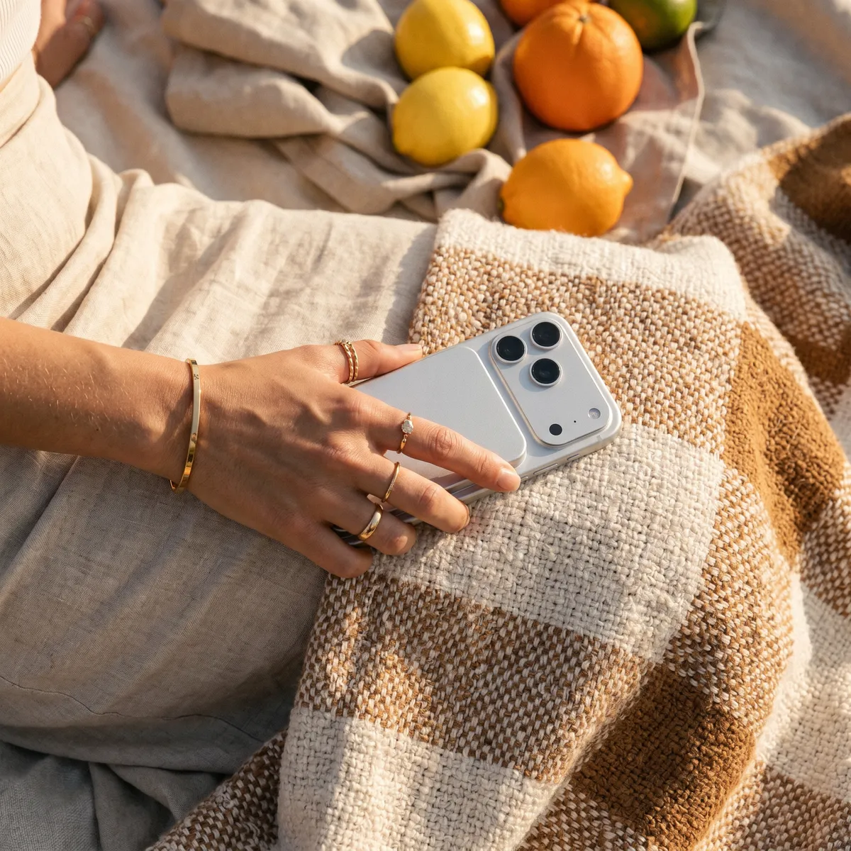Hand resting on a phone with the silver Blitz Charge power bank, on a checked blanket next to oranges and lemons