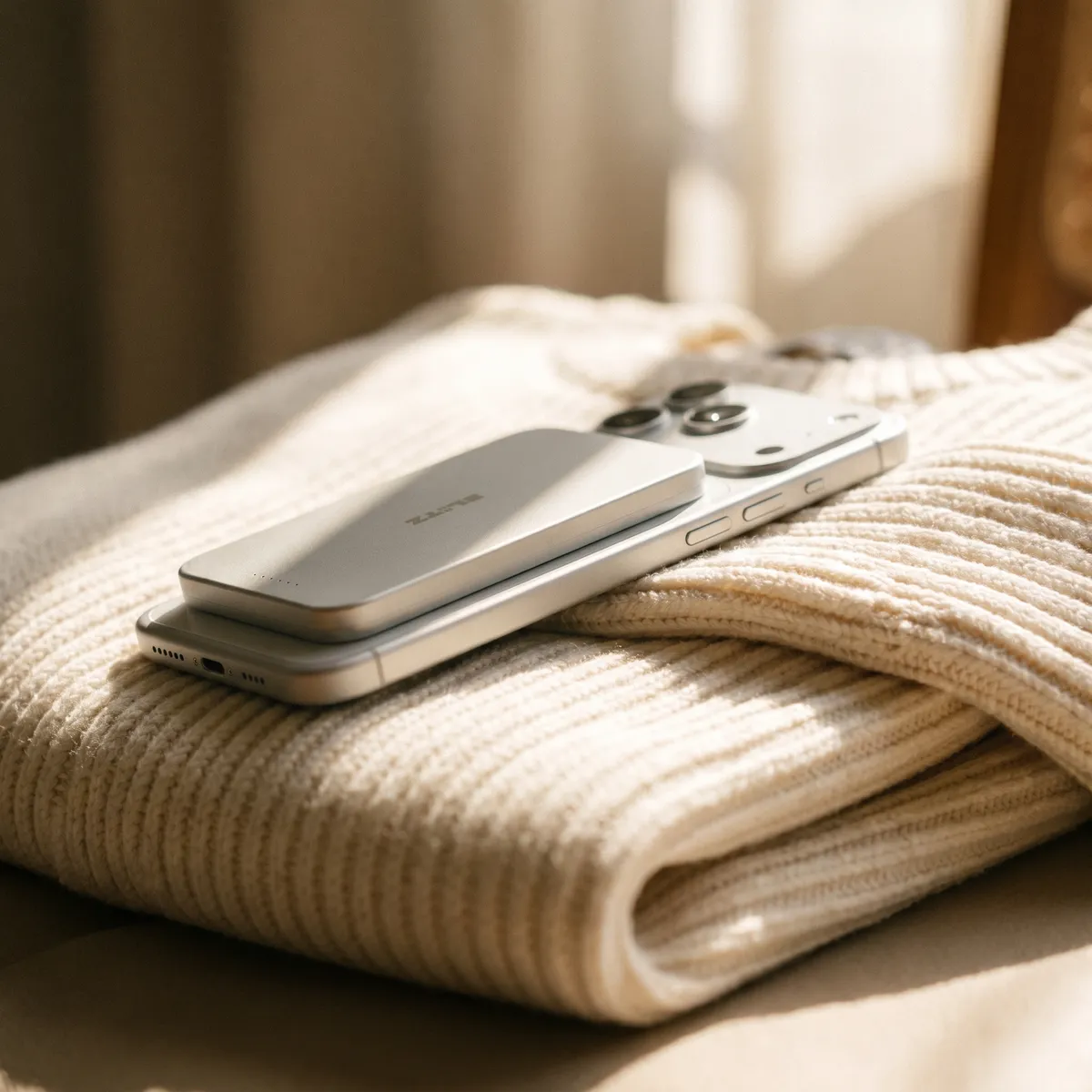 Silver power bank attached to a phone, lying on a folded cream knit sweater