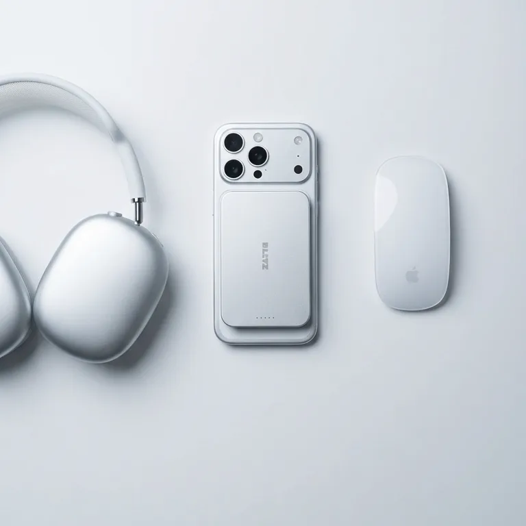 Silver power bank on a phone between headphones and a mouse, top view on white