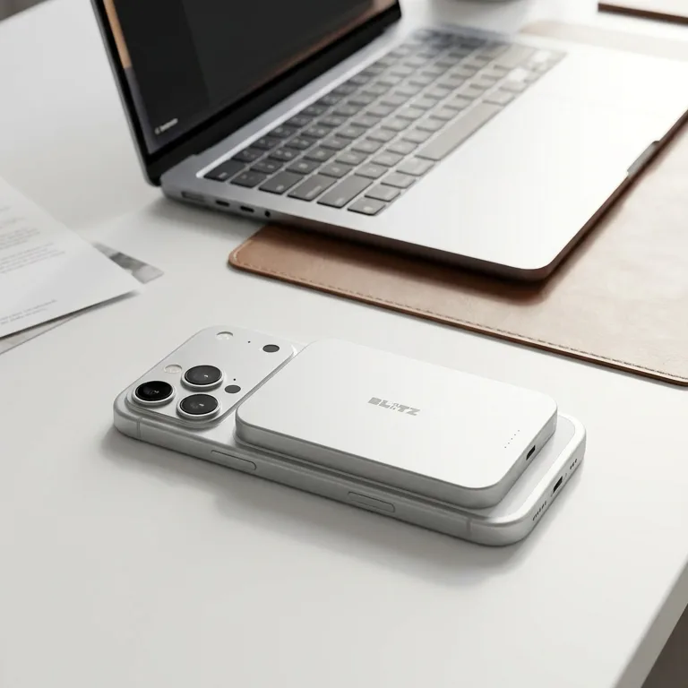 Silver power bank on a phone on a white desk by a laptop