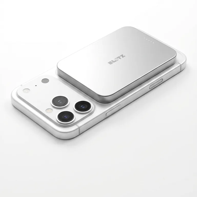 Silver Blitz Charge power bank on the back of a phone, studio shot on white