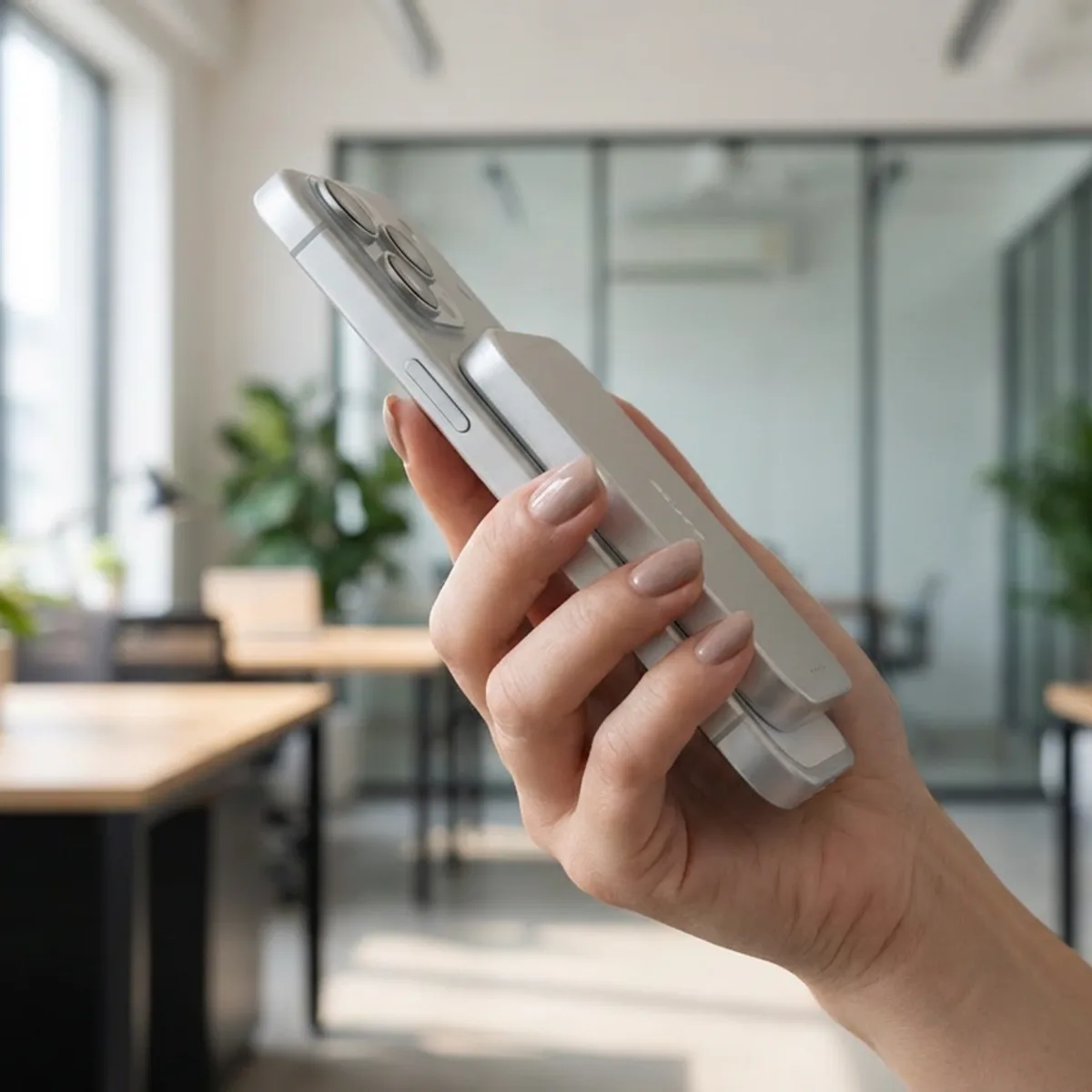 Hand holding a phone with the silver power bank in a bright office