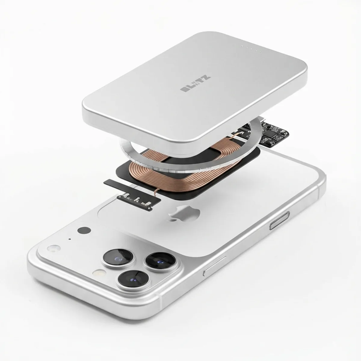 Exploded view of the silver power bank showing the battery, charging coil and magnet ring above a phone