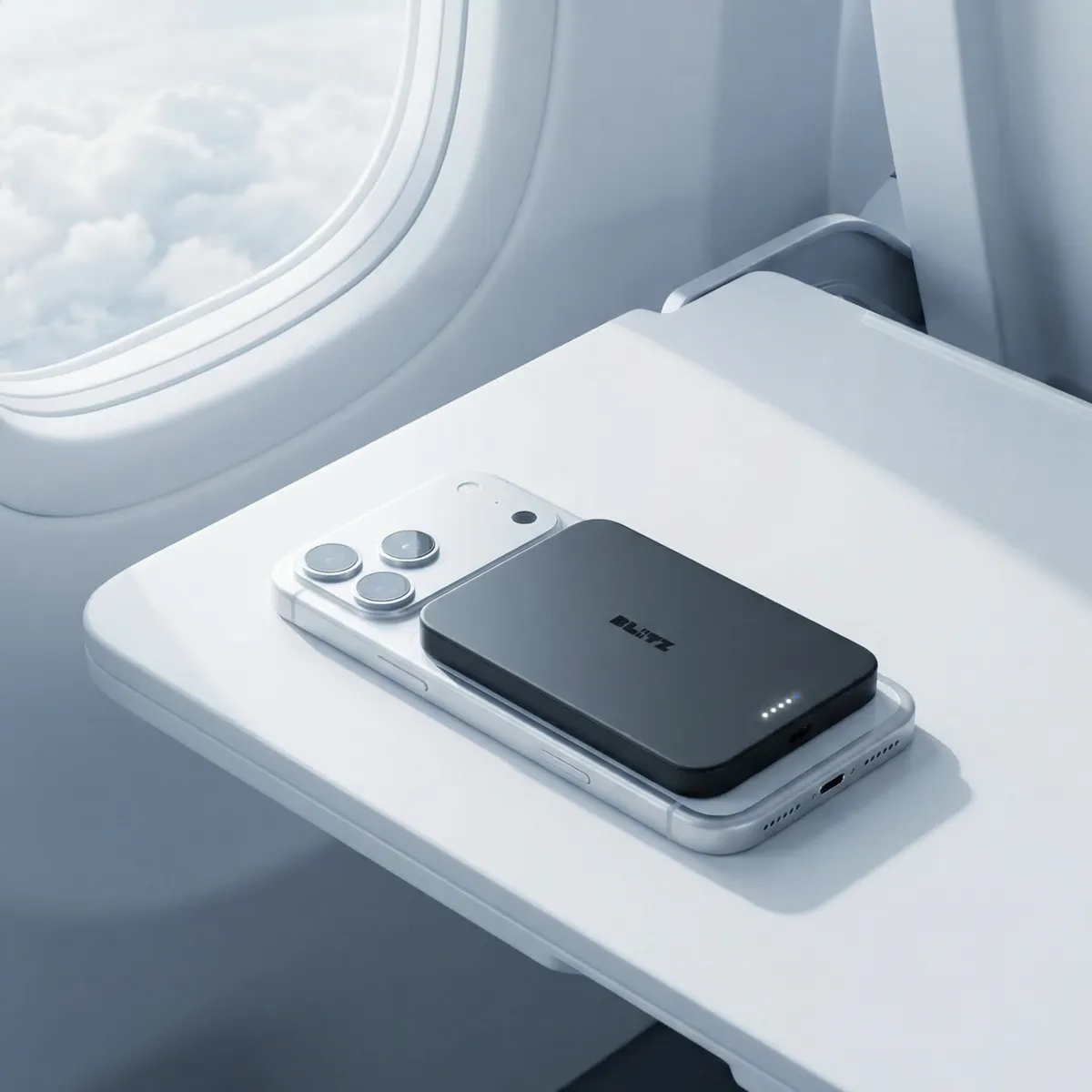 Black power bank on a phone on an airplane tray table by the window